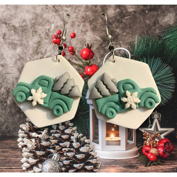 Holiday Tree & Truck Dangle Earrings - Handmade Christmas Jewelry - Picture 1 of 5